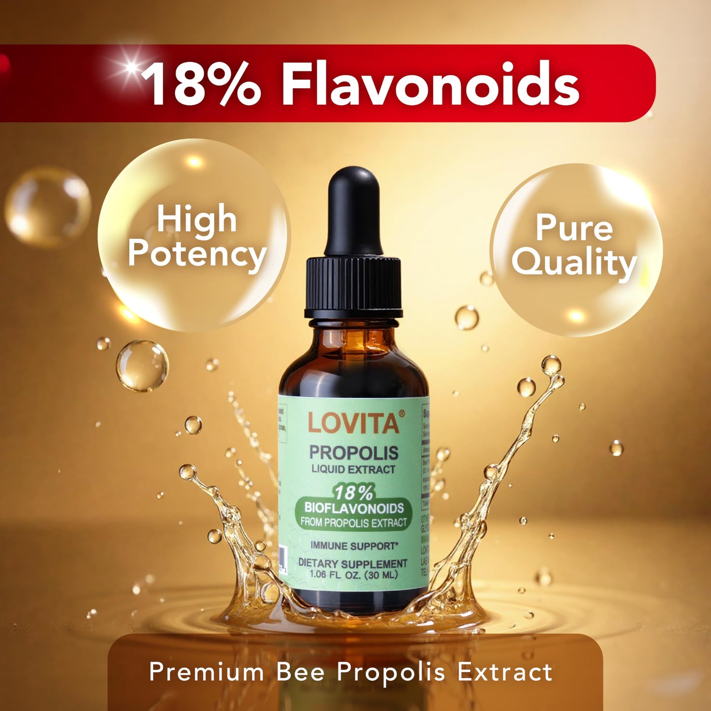 LOVITA Bee Propolis Liquid Extract 500mg - 5:1 Resin Drops, 18% Bioflavonoids