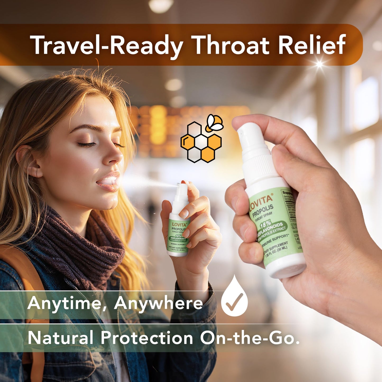 LOVITA Bee Propolis Throat Spray 250mg – 18% Bioflavonoids, Alcohol Free, Immune Support
