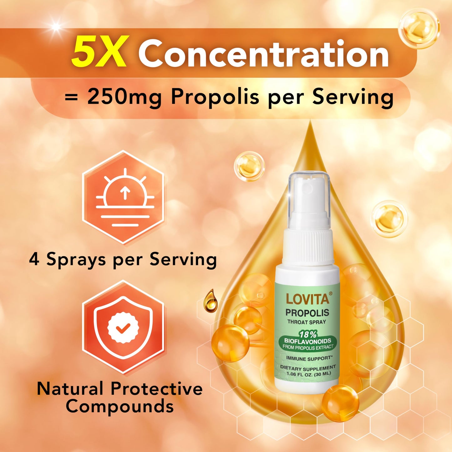 LOVITA Bee Propolis Throat Spray 250mg – 18% Bioflavonoids, Alcohol Free, Immune Support