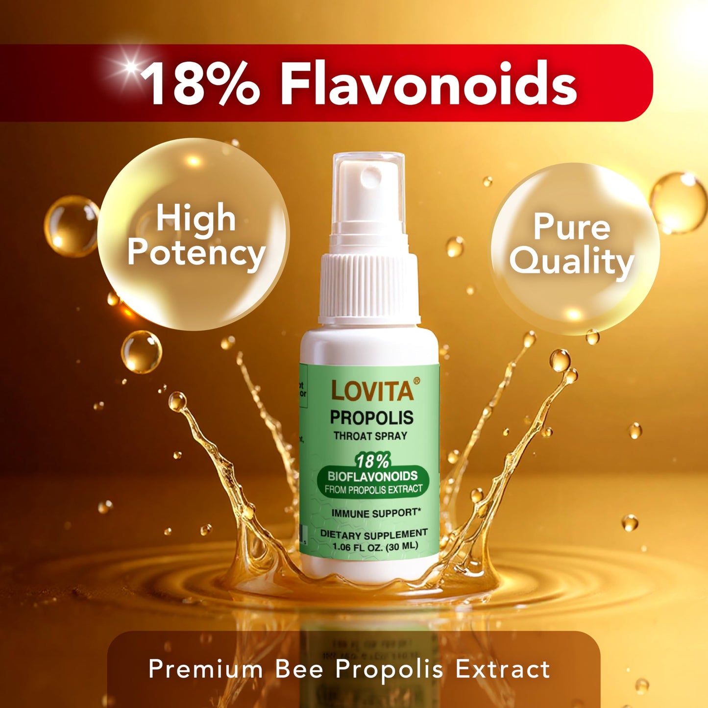 LOVITA Bee Propolis Throat Spray 250mg – 18% Bioflavonoids, Alcohol Free, Immune Support