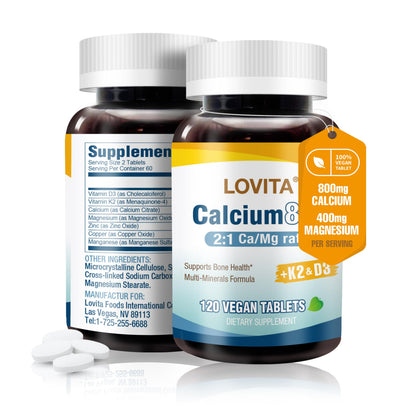 LOVITA Calcium Citrate 800 mg with Magnesium, D3 & K2 | Bone Health & Density – 120 Vegan Tablets