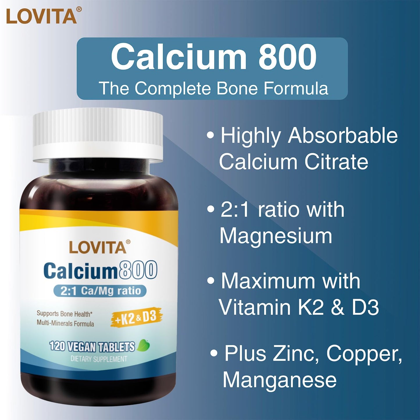 LOVITA Calcium Citrate 800 mg with Magnesium, D3 & K2 | Bone Health & Density – 120 Vegan Tablets