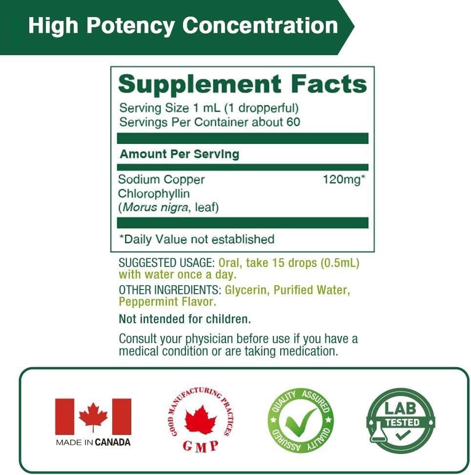 LOVITA Chlorophyll Liquid Drops – 120 mg/mL, Mint Flavor, 60 Servings