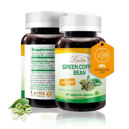 Lovita Green Coffee Bean Extract 1600 mg Equivalent, High Potent Green Coffee Extract with 50% Chlorogenic Acid for Natural Antioxidant & Size Reduction, Vegan Friendly, 60 Veggie Capsules