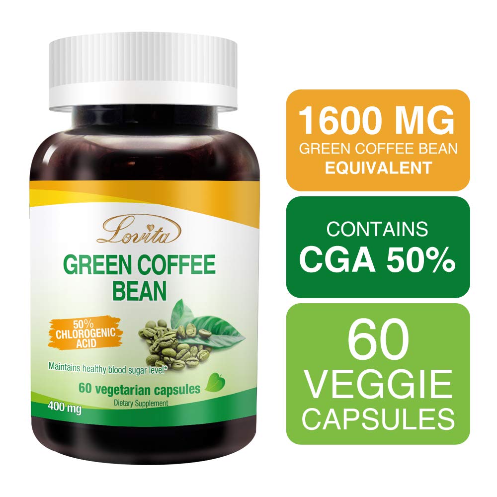 Lovita Green Coffee Bean Extract 1600 mg Equivalent, High Potent Green Coffee Extract with 50% Chlorogenic Acid for Natural Antioxidant & Size Reduction, Vegan Friendly, 60 Veggie Capsules