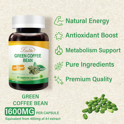 Lovita Green Coffee Bean Extract 1600 mg Equivalent, High Potent Green Coffee Extract with 50% Chlorogenic Acid for Natural Antioxidant & Size Reduction, Vegan Friendly, 60 Veggie Capsules