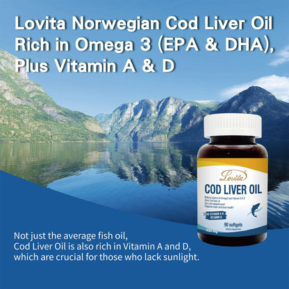 LOVITA Norwegian Cod Liver Oil - High Absorption TG, DHA & EPA, Vitamin A & D, 90 Softgels