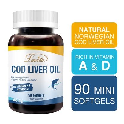 LOVITA Norwegian Cod Liver Oil - High Absorption TG, DHA & EPA, Vitamin A & D, 90 Softgels