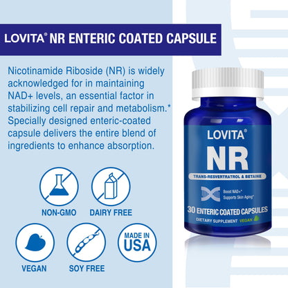 LOVITA NR 350 mg NAD Booster with Trans-Resveratrol & Betaine – 30 Vegan Enteric Capsules