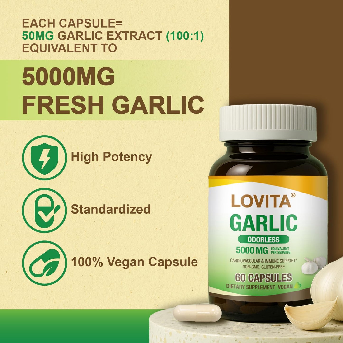 LOVITA Odorless Garlic Extract, 5000mg Fresh Garlic Equivalent, Standardized to 1.25% Allicin, Supports Heart, Blood Pressure, Cholesterol & Immune System, Non-GMO, Gluten-Free, 60 Vegan Capsules