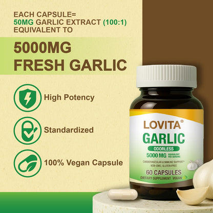 LOVITA Odorless Garlic Extract, 5000mg Fresh Garlic Equivalent, Standardized to 1.25% Allicin, Supports Heart, Blood Pressure, Cholesterol & Immune System, Non-GMO, Gluten-Free, 60 Vegan Capsules