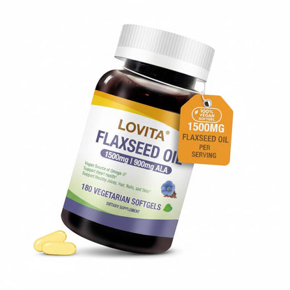 LOVITA Vegan Flaxseed Oil 1500mg + 900mg ALA Omega-3 | Cold-Pressed, Non-GMO, Gluten Free | 180 Softgels