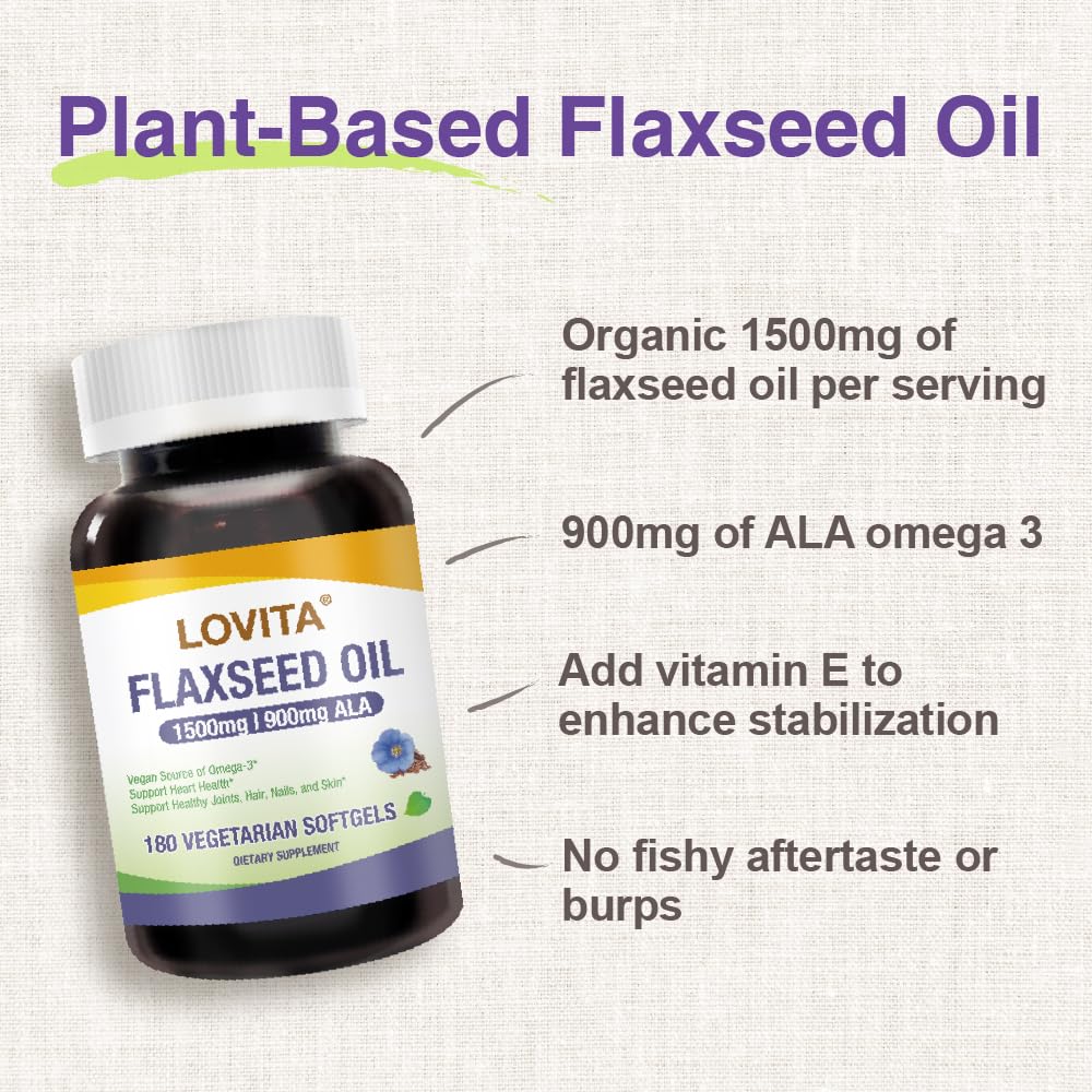 LOVITA Vegan Flaxseed Oil 1500mg + 900mg ALA Omega-3 | Cold-Pressed, Non-GMO, Gluten Free | 180 Softgels