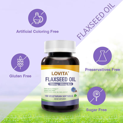 LOVITA Vegan Flaxseed Oil 1500mg + 900mg ALA Omega-3 | Cold-Pressed, Non-GMO, Gluten Free | 180 Softgels