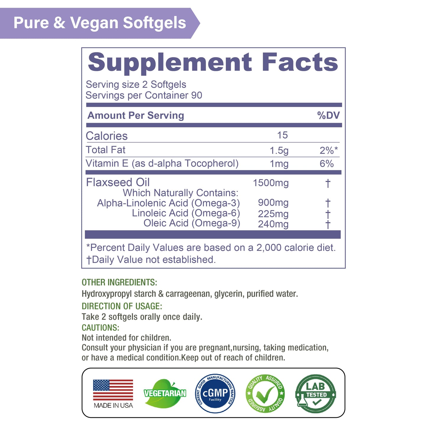 LOVITA Vegan Flaxseed Oil 1500mg + 900mg ALA Omega-3 | Cold-Pressed, Non-GMO, Gluten Free | 180 Softgels