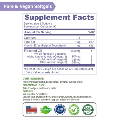 LOVITA Vegan Flaxseed Oil 1500mg + 900mg ALA Omega-3 | Cold-Pressed, Non-GMO, Gluten Free | 180 Softgels