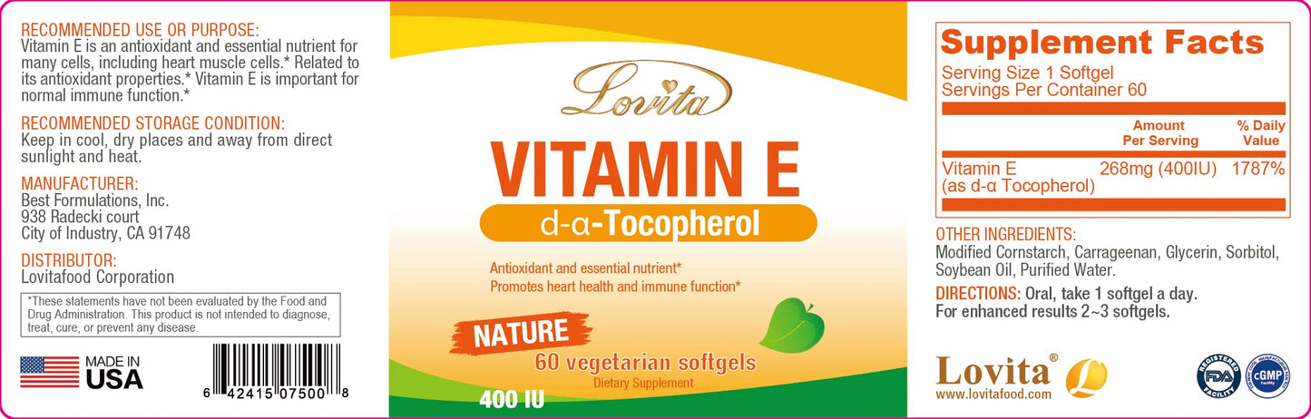 LOVITA Vitamin E 400 IU Softgels – Vegan D Alpha Tocopherol for Healthy Skin, Hair, Nails & Immune Support | 60 Softgels