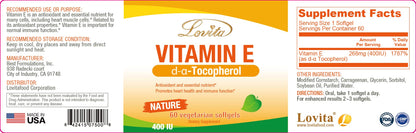 LOVITA Vitamin E 400 IU Softgels – Vegan D Alpha Tocopherol for Healthy Skin, Hair, Nails & Immune Support | 60 Softgels