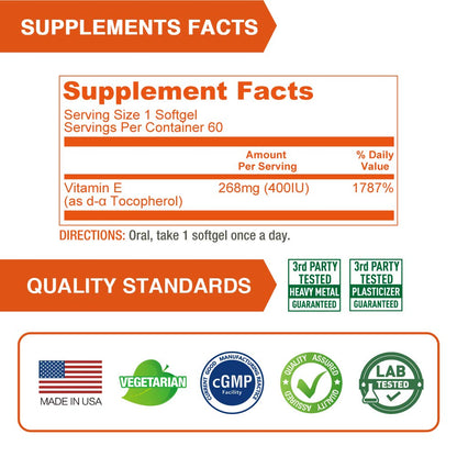 LOVITA Vitamin E 400 IU Softgels – Vegan D Alpha Tocopherol for Healthy Skin, Hair, Nails & Immune Support | 60 Softgels