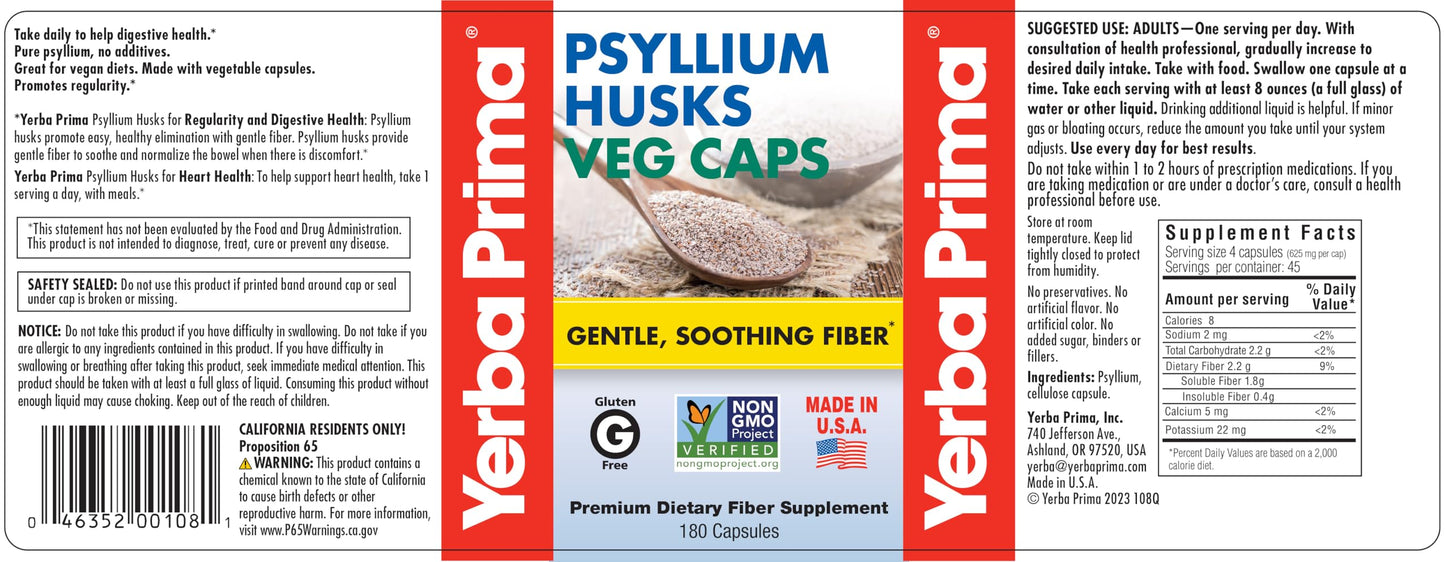 Yerba Prima Fiber Psyllium Husks Veg Caps - 180 Veg Caps
