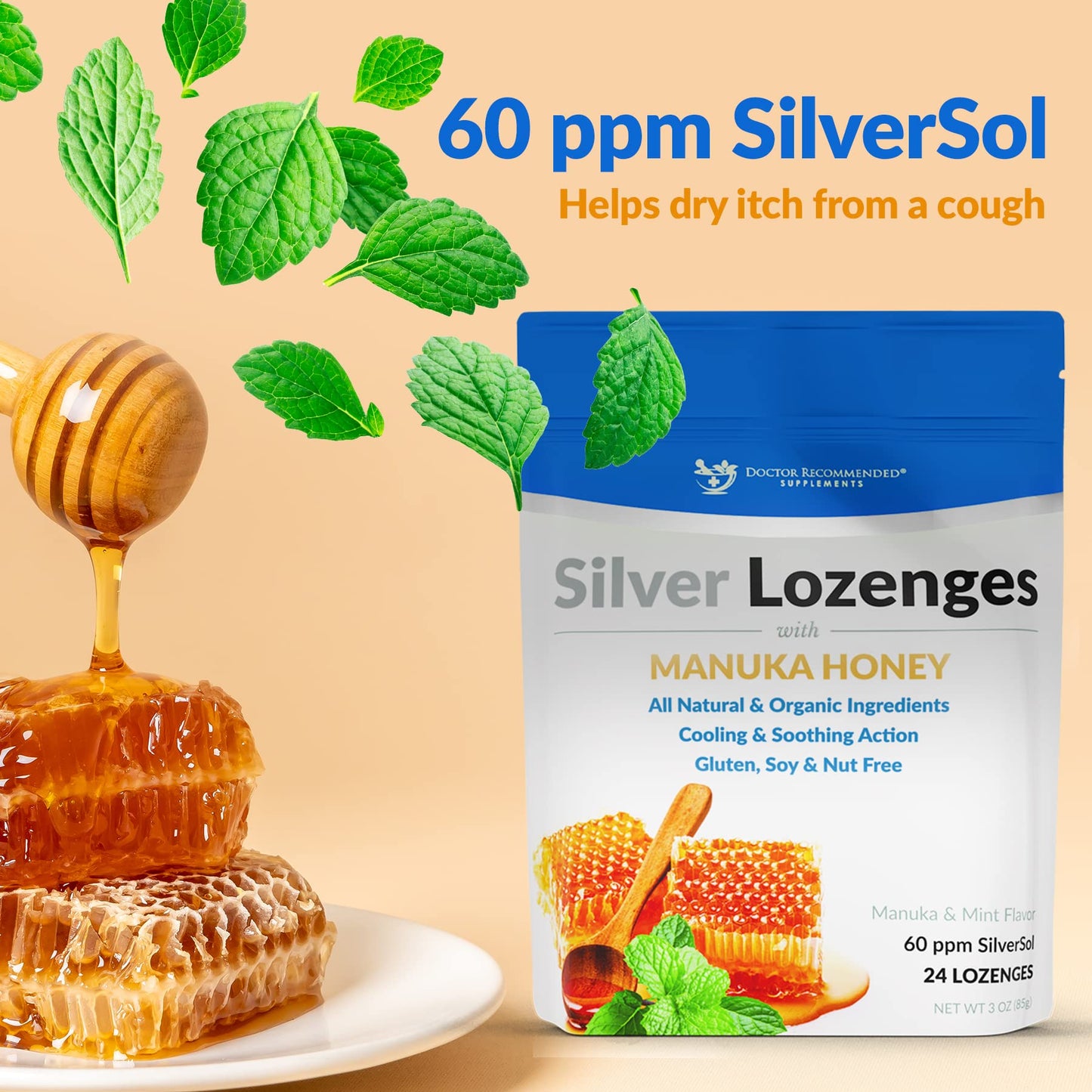 Silver Lozenges with Manuka Honey & Vitamin C – Nano Silver 60 PPM, 45-50mcg, 24 Lozenges