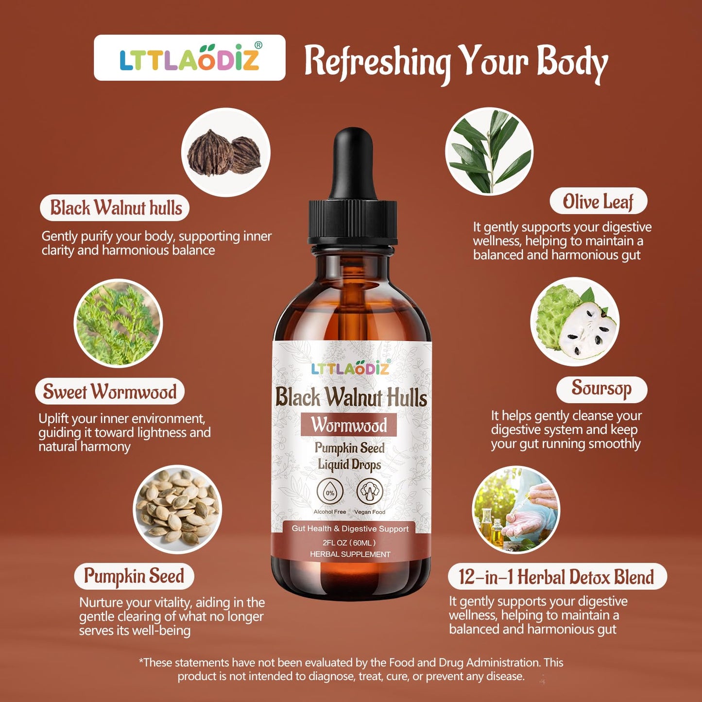 LTTLAODIZ Black Walnut & Wormwood Tincture – Digestive Health, Alcohol-Free, 2oz