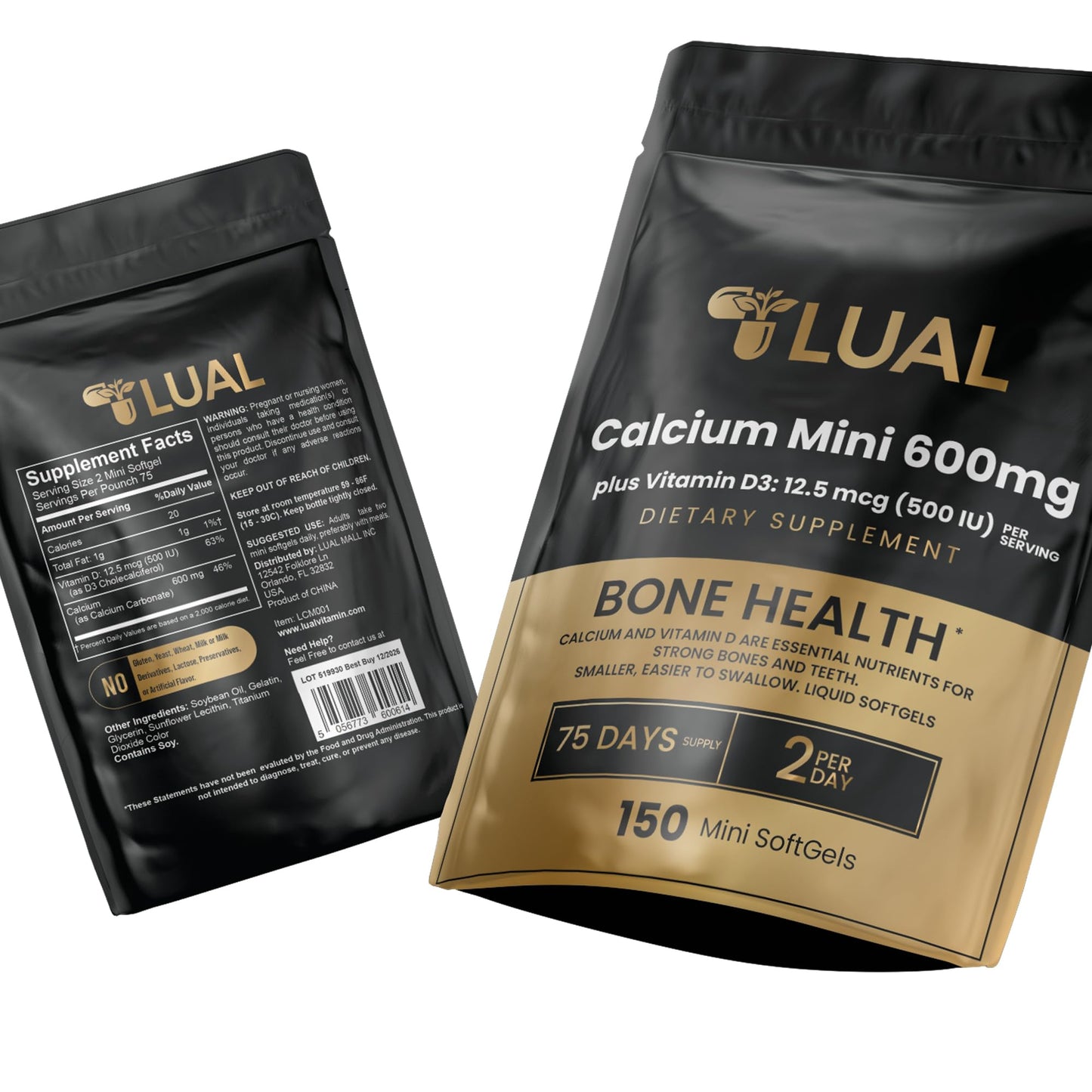 LUAL Calcium Minis 600 mg with Vitamin D3 - Bone & Muscle Support - 150 Mini Softgels - Easy to Swallow - Calcium & D3 for Strong Bones & Mobility