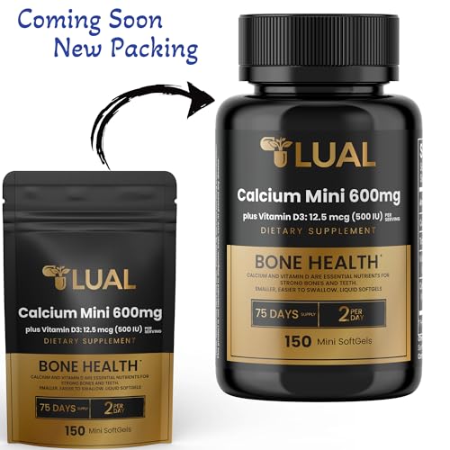 LUAL Calcium Minis 600 mg with Vitamin D3 - Bone & Muscle Support - 150 Mini Softgels - Easy to Swallow - Calcium & D3 for Strong Bones & Mobility