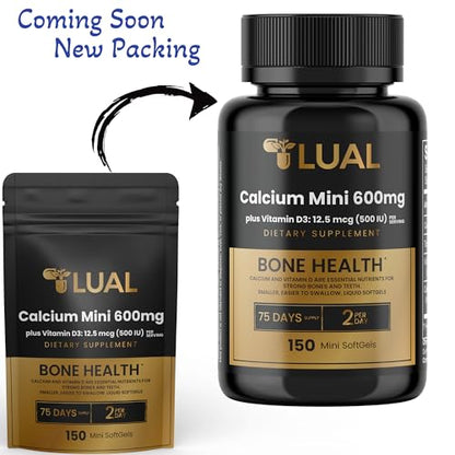 LUAL Calcium Minis 600 mg with Vitamin D3 - Bone & Muscle Support - 150 Mini Softgels - Easy to Swallow - Calcium & D3 for Strong Bones & Mobility