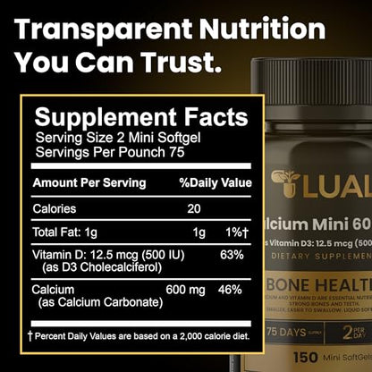 LUAL Calcium Minis 600 mg with Vitamin D3 - Bone & Muscle Support - 150 Mini Softgels - Easy to Swallow - Calcium & D3 for Strong Bones & Mobility