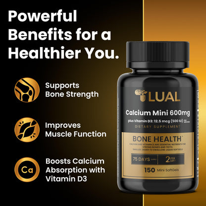 LUAL Calcium Minis 600 mg with Vitamin D3 - Bone & Muscle Support - 150 Mini Softgels - Easy to Swallow - Calcium & D3 for Strong Bones & Mobility