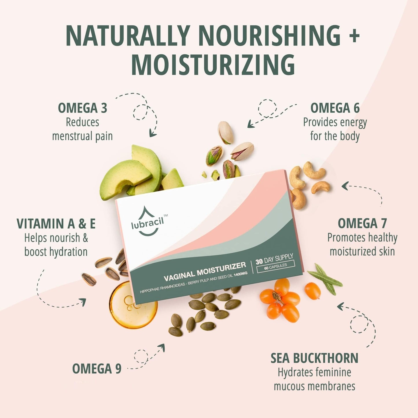 Lubracil Vaginal Moisturizer Pills – Sea Buckthorn, Omegas 6/7/9, Vitamins A & E | 60 Pills