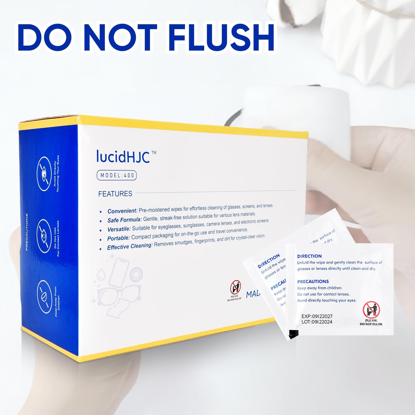 LucidHJC Lens Wipes – 400 Pre-Moistened Wipes for Glasses, Lenses, and Screens