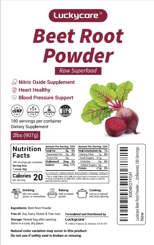 Luckycare Raw Beet Root Powder 2lb - Cold-Pressed Beet Superfood | Plant-Based Nitrates | Non-GMO, Vegan, Gluten-Free
