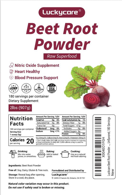Luckycare Raw Beet Root Powder 2lb - Cold-Pressed Beet Superfood | Plant-Based Nitrates | Non-GMO, Vegan, Gluten-Free