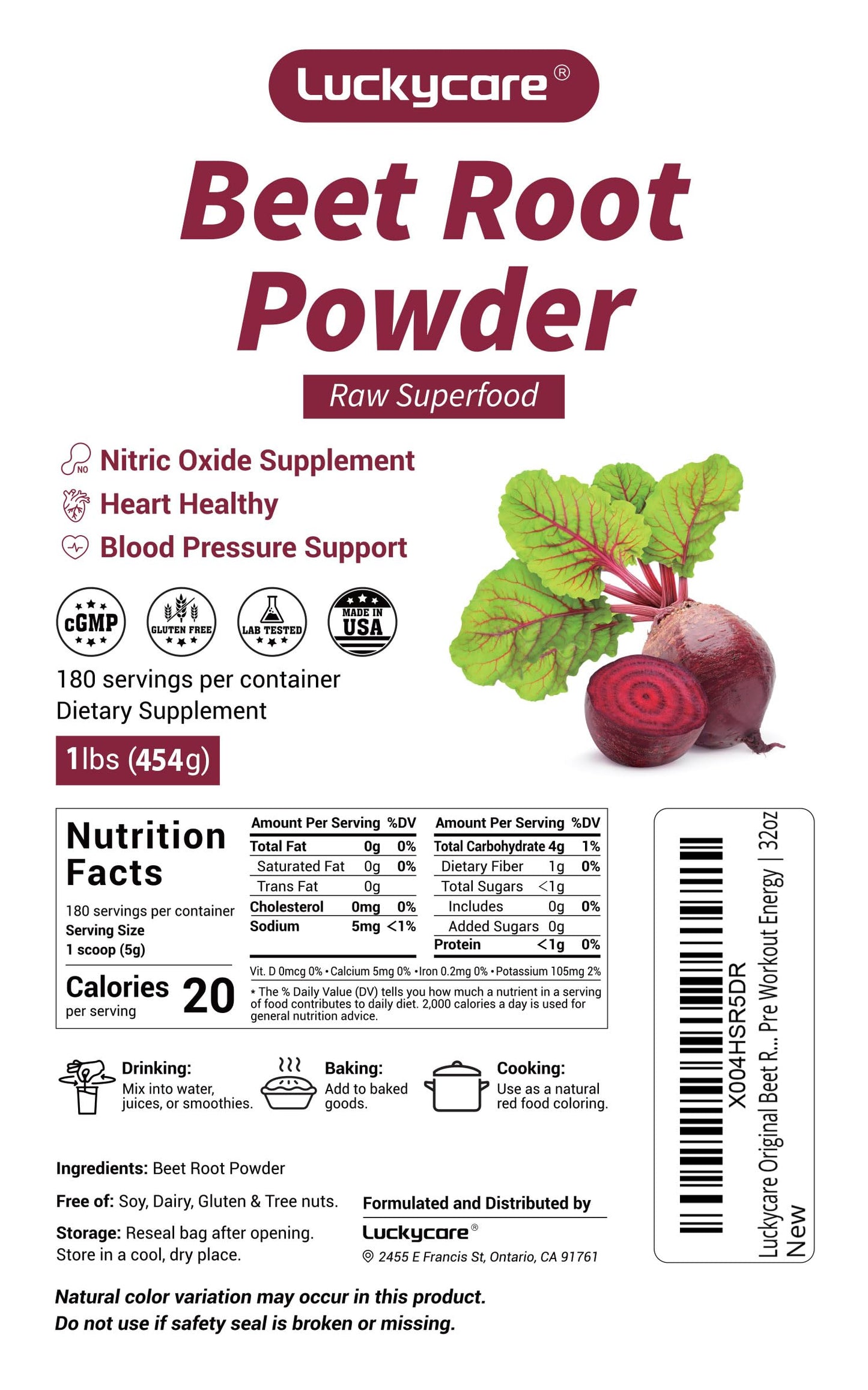 Luckycare Original Beet Root Powder | Non-GMO Beetroot Superfood | Vegan & Gluten Free | Natural Nitric Oxide Supplement | Supports Pre Workout Energy | 16oz