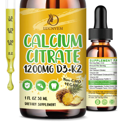 LUCNVEM Calcium Citrate 1200 mg with Vitamin D3 & K2 – Liquid Drops (2 oz)