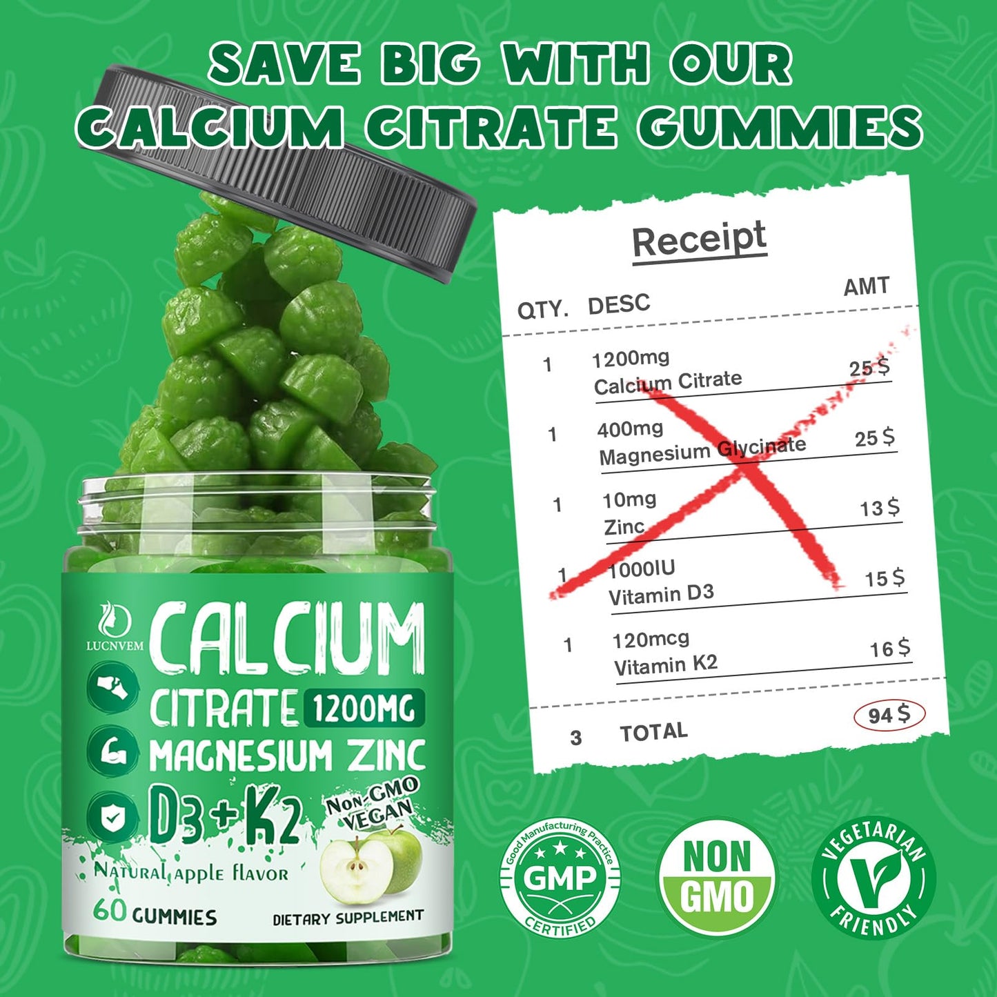 (2 Pack) Calcium Citrate 1200 mg Gummies with Vitamin D3 – Bone & Teeth Support (60 Day Vegan)