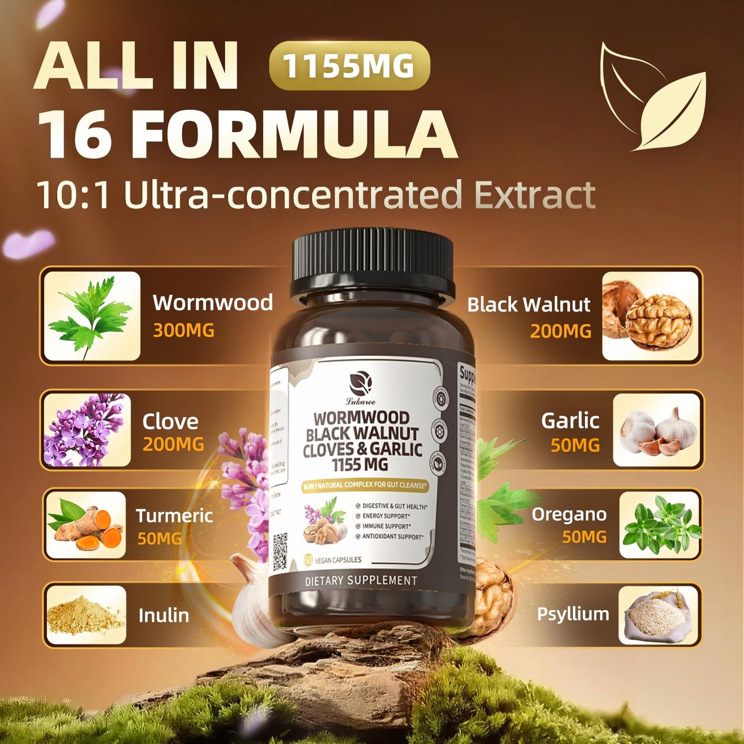 Lukaree 16-in-1 Wormwood & Black Walnut Capsules | Liposomal 98% Absorption