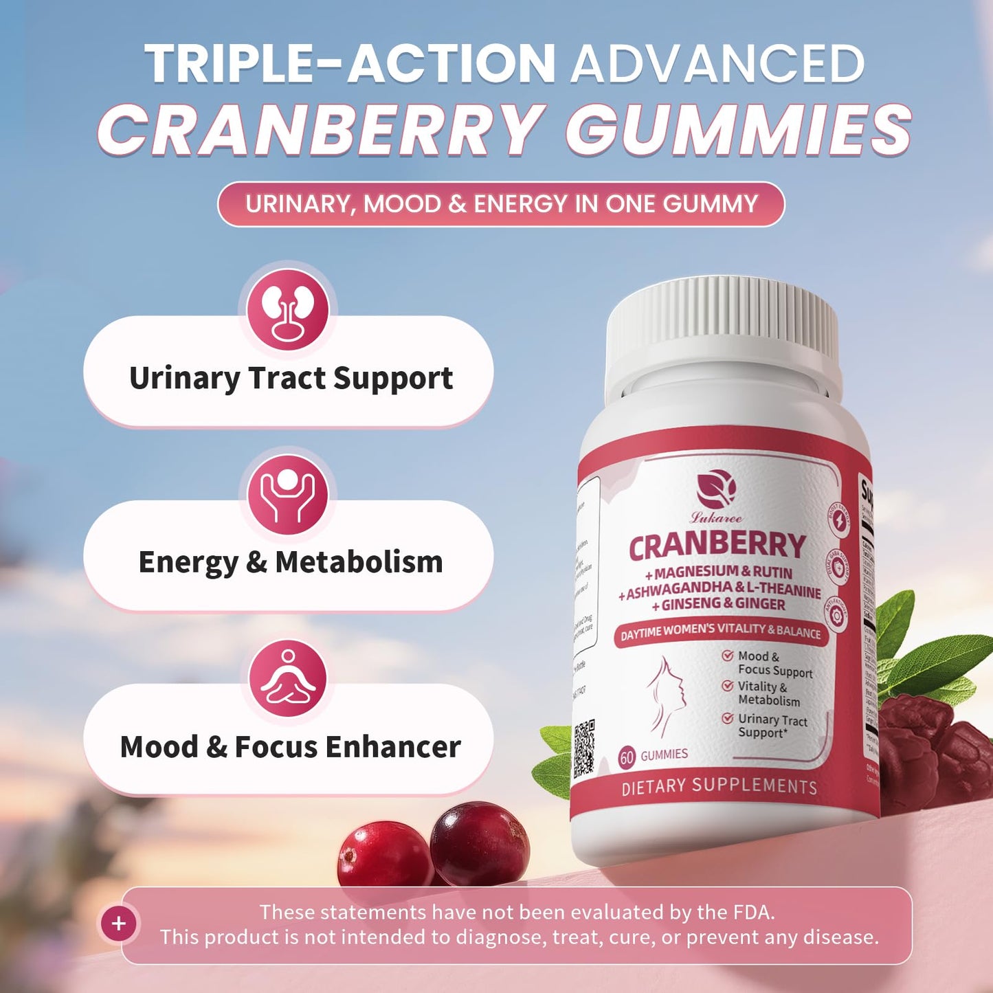 Lukaree Cranberry Gummies for Women - 2 Pack | Urinary Tract & Vitality