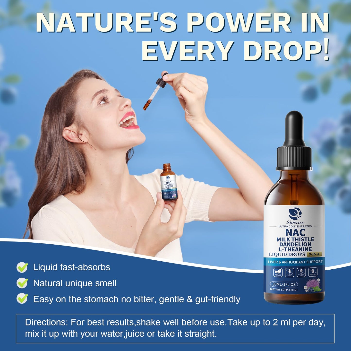 Lukaree Liposomal NAC 600mg Drops with Milk Thistle – Liver & Kidney Support (Vegan, Non-GMO) 2oz