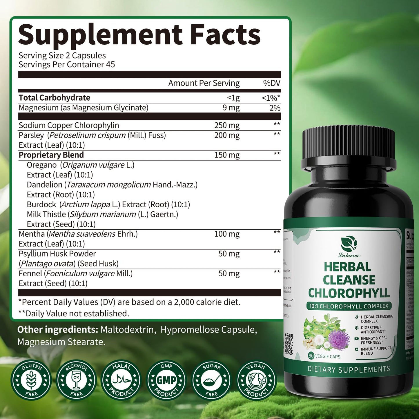 Lukaree Chlorophyll Herbal Complex Capsules | 90 Vegan Detox & Digestive Health
