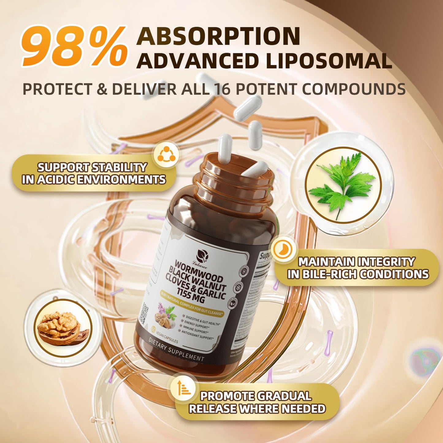 Lukaree 16-in-1 Wormwood Detox Capsule | Liposomal 98% Absorption | Vegan 1155mg