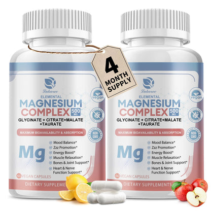 Lukaree Magnesium Complex Supplement 500mg - Chelated Magnesium Glycinate, Citrate, Malate, Taurate | 120 Vegan Non-GMO Capsules