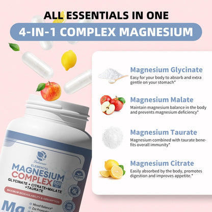 Lukaree Magnesium Complex Supplement 500mg - Chelated Magnesium Glycinate, Citrate, Malate, Taurate | 120 Vegan Non-GMO Capsules