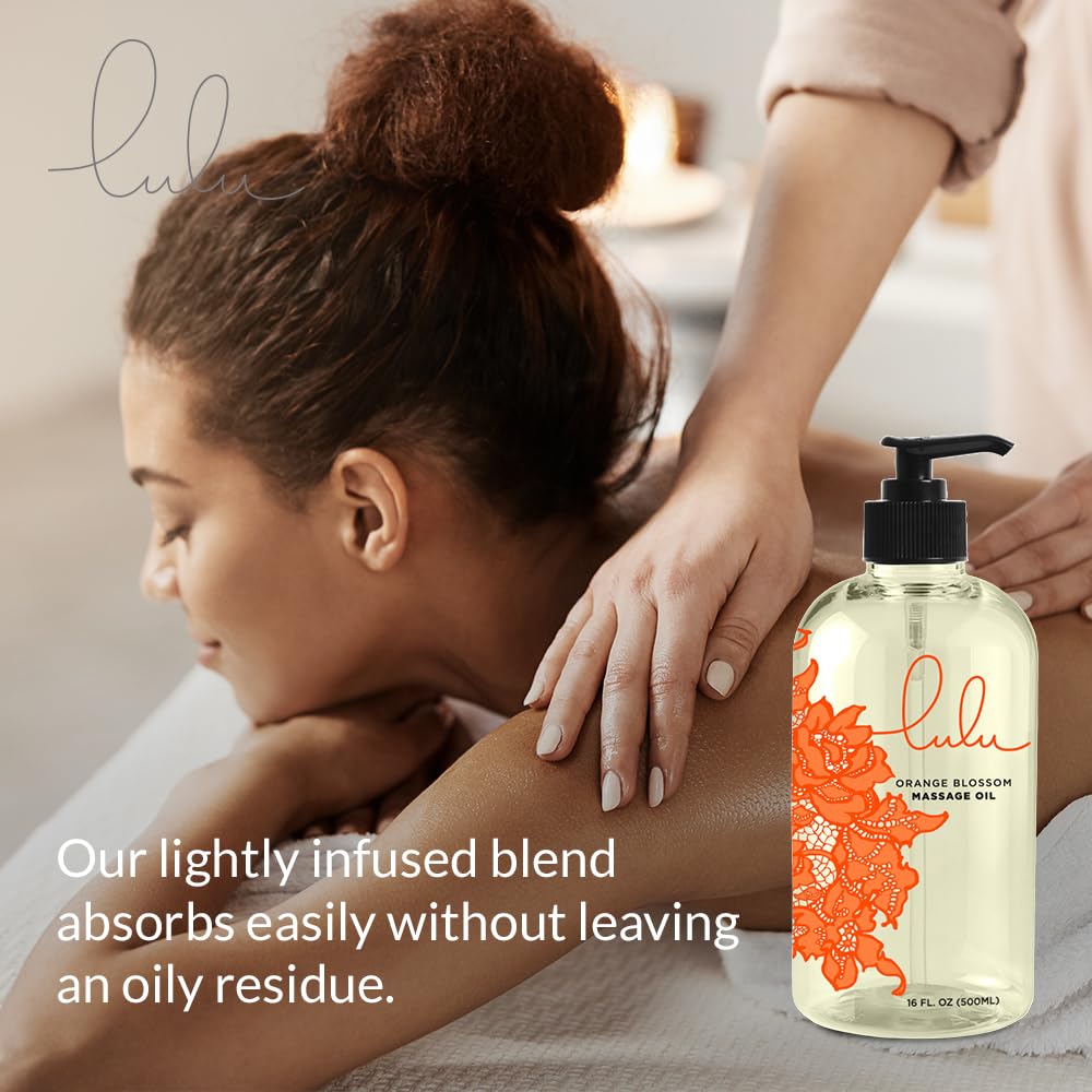 Lulu Orange Blossom Massage Oil – Lightweight Non-Greasy Body Oil with Sweet Almond, Jojoba & Macadamia Oils | 16 oz Pump