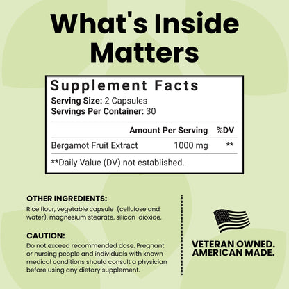 Luma Nutrition Citrus Bergamot 1000mg – Citrus Bergamot Supplement – Made in USA, Veteran Owned – 60 Capsules
