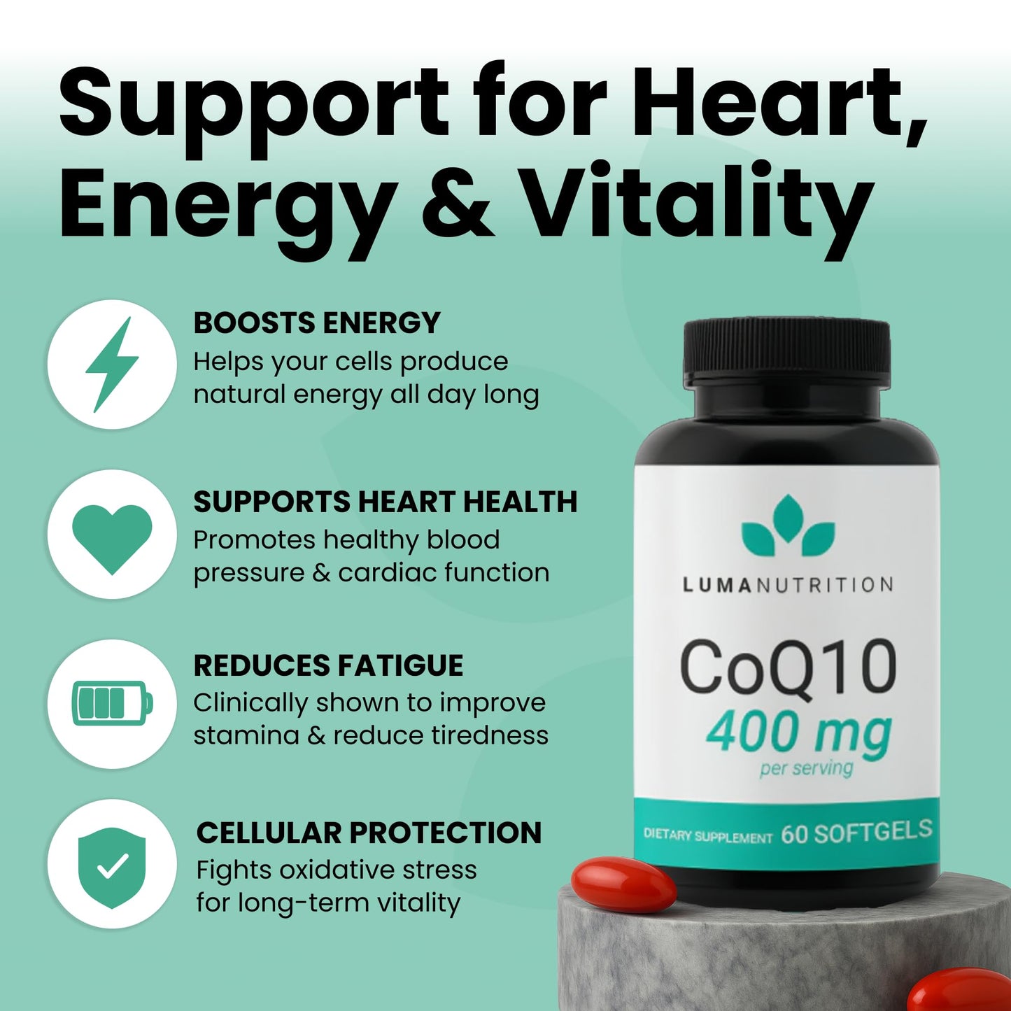 Luma Nutrition CoQ10 400mg Softgels – High-Absorption CoQ10 for Heart Health (60 Count)