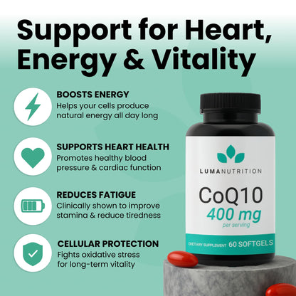 Luma Nutrition CoQ10 400mg Softgels – High-Absorption CoQ10 for Heart Health (60 Count)