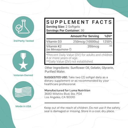 Luma Nutrition D3 + K2 10000 IU – Bone & Heart Health (60 Softgels)